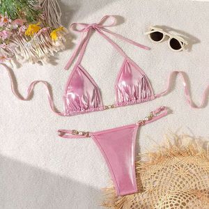 Stock 5-Color Triángulo Top Metálico Traje de baño con perla Conector Tanga <span class=keywords><strong>Bikini</strong></span> Patrón sólido 2 piezas Conjunto Logo Cintura Tamaños - Product Image 2