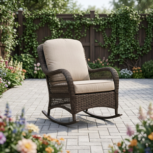 Fauteuil à bascule de jardin moderne et durable en rotin avec coussins beiges – Mobilier d'extérieur pour patio, jardin, parc et villa - Product Image 2