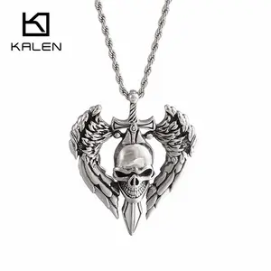 KALEN Punk Stainless Steel Cross Skull With Wings Pendant For Men
