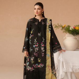 Salwar Kameez Negro con Bordado Floral para Mujer, Corte Holgado, Largo hasta el Suelo, Ropa Tradicional India/Pakistaní para Bodas, Modal y Algodón - Product Image 1