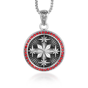 Collier avec pendentif étoile en acier inoxydable, gris argenté avec diamants rouges, design rond pour hommes et femmes, bijoux à la mode SP736 - Product Image 5