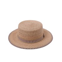 Chapeau de paille en raphia naturel pour femme, style boater, à bord plat, avec garniture en forme de cœur, protection solaire, idéal pour les vacances à la plage
