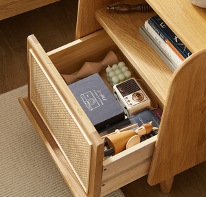 M2021 Rattan Nightstand <strong>OAK</strong> Wood Side <strong>Table</strong> with 1 <strong>Drawers</strong> Wooden <strong>End</strong> <strong>Table</strong> Square Bedside <strong>Table</strong> with Open Storage for Bedroom - Product Image 2