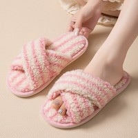 Pantoufles d'intérieur Gleibo à rayures croisées, à bout ouvert, en peluche douce et chaude, antidérapantes avec semelle TPR, pour femmes
