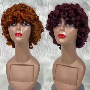 Letsfly parrucca riccia con frangia riccia e taglio <span class=keywords><strong>Pixie</strong></span> parrucche colorate capelli umani corti ricci a buon mercato riccioli parrucca con frangetta per donne nere - Product Image 3