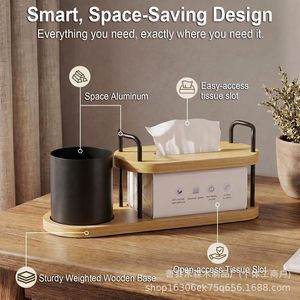 Wooden Tissue <b>Box</b> Desktop Storage Rack With <b>Pen</b> Holder Minimalist Nordic Style Organizer - Product Image 2