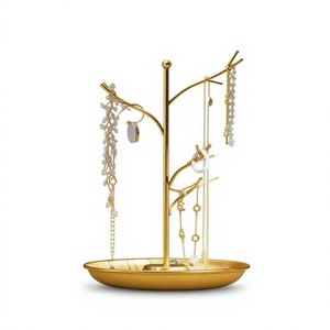 Golden Jewelry Display <b>Racks</b> Stand with Branch Design and Round Tray for Necklaces Earrings Bracelets Home Decor - Product Image 1