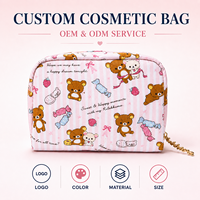 Pochette cosmétique rayée rose avec logo personnalisé, adorable ourson de dessin animé, trousse de maquillage kawaii, trousse de toilette de voyage pour filles, organiseur de beauté