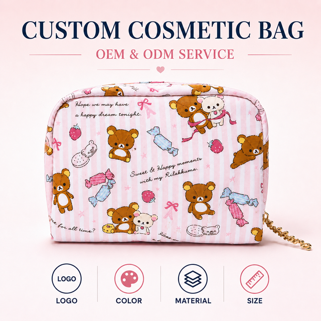 Custom Logo Pink Striped Cosmetic Bag Cute Cartoon Bear Makeup Pouch Kawaii Travel Toiletry Case for Girls Beauty Organizer