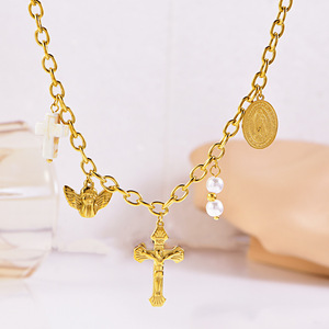 Collana pendente Vintage in acciaio inossidabile con angelo e perle 18K placcato oro Christian <span class=keywords><strong>Cross</strong></span> collana da donna - Product Image 4