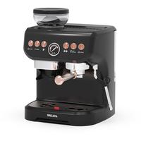 Machine à expresso noire avec moulin à café intégré, manomètre de pression sur le porte-filtre et buse vapeur pour mousse de lait, idéale pour la cuisine et le café