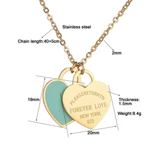 MARONEW Factory wholesale Dainty Double Blue Pink Enamel Heart Stainless Steel Pendant Necklace