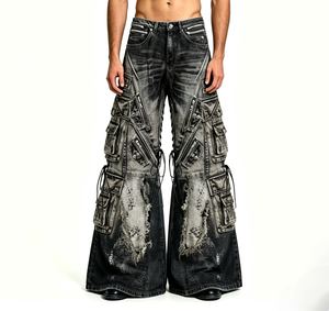 SOONREE Jeans Cargo Extremos para Hombre, Pantalones Vaqueros con Múltiples Cremalleras, Jeans Stacker Desgastados y Rotos, Estilo Urbano, Venta al por Mayor - Product Image 1