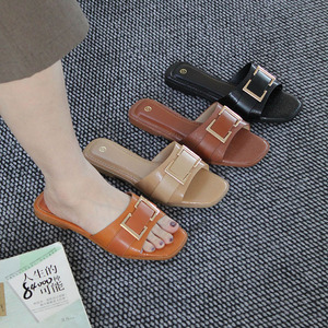Sandales plates à bout carré et boucle pour femme, antidérapantes, légères, décontractées, pour l'extérieur, prêtes à être expédiées - Product Image 1