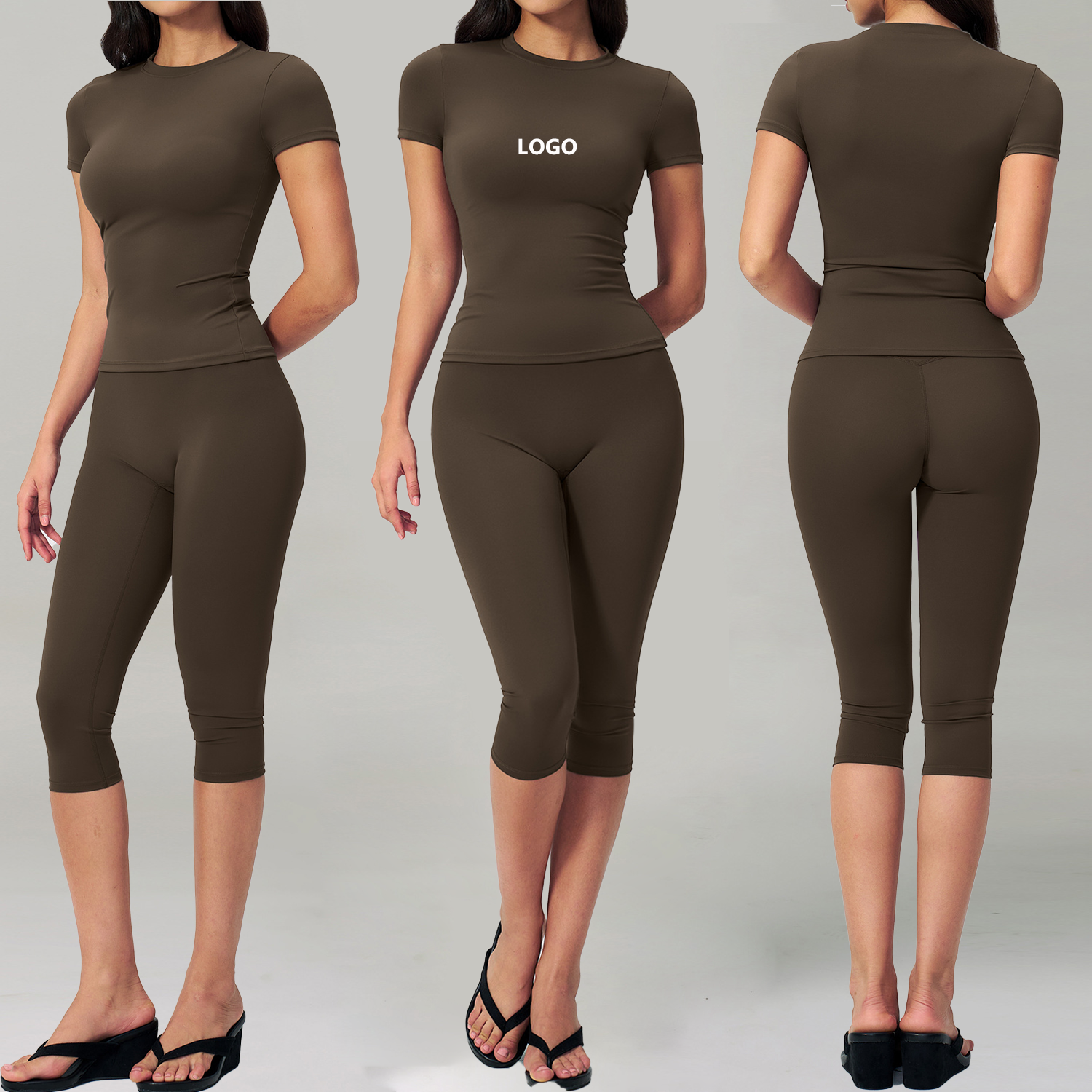 Multi-Way Crop Top 2-Piece Outfit Gym Pilates Daily Activewear Custom Round Neck T-Shirt High Waist Capri Leggings Yoga Suit