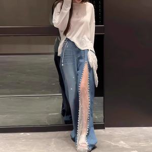 Jeans de Mujer al por Mayor, Primavera-Otoño 2025, Personalizados, Sexys y Modernos, de Pierna Ancha, Lavado Simple con Encaje - Product Image 4