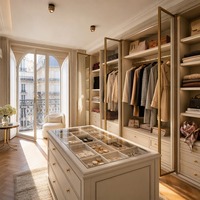 Dressing Moderne de Luxe Parisien avec Portes en Verre à Cadre en Laiton et Commode Îlot en Marbre, Suite de Dressing Style Villa Française