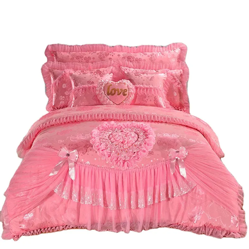 Juego de ropa de cama de estilo coreano, Jacquard, encaje, Princesa, rosa, para novia, con almohadas de corazón