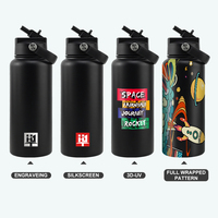 Bouteille d'eau sport 32 oz personnalisable avec logo, faible MOQ, en acier inoxydable à double paroi avec couvercle anti-poussière à poussoir et paille intégrée
