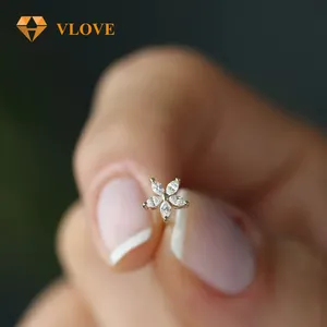 VLOVE Mode Musim Semi perhiasan wanita emas padat perhiasan 14k berlian Marquise kancing bunga