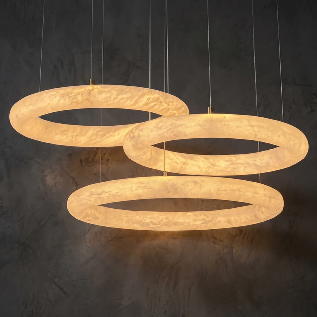 Minimalist Sculptural Marble Long LED Chandelier with Soft Ambient Light for Hotel High Ceiling Lobby Villa Living Room Interior