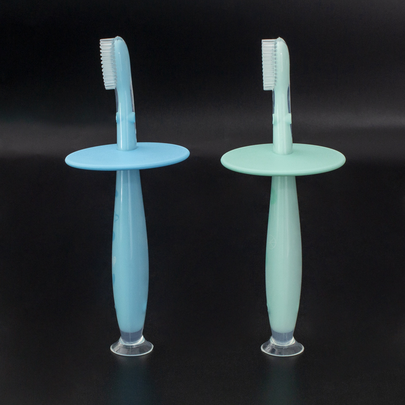 Food Grade Silicone Avoid Swallowing Blue Handle Standing Suction Baby Silicone Toothbrush