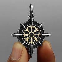 Pendentif Boussole Viking Rune Acier Titane Collier Homme Vintage Nordique Bijoux Gros Runique Amulette Poli Cadeau Bijoux