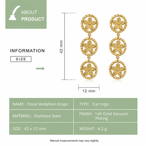 Pendientes Colgantes con Medallón Floral de Acero Inoxidable, Chapados al Vacío en Oro de 14K, con Tres Flores en Forma de Círculo, 42mm - Product Image 3