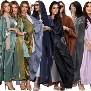 Modest Muslim abaya for Women from Middle East Bright Silk Satin Islamic Dress puff printed Robe Femme