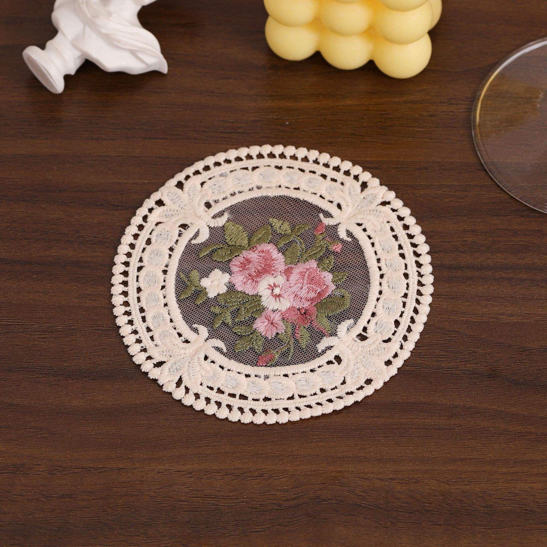 Beige round embroidered lace cushion 10cm