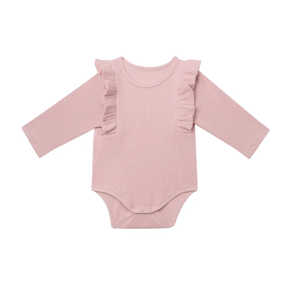 Benutzer definierte Oem Odm Neugeborene Kleinkind Mädchen Kleidung Einfarbige Rüschen Bio Waffel Baumwolle Baby Bodysuit Stram pler