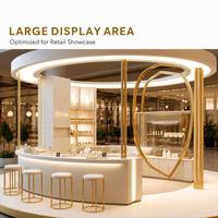 Kiosque de vente au détail de cosmétiques de luxe en forme de cercle, stand d'exposition avec cadre doré, comptoir de réception et armoire de rangement