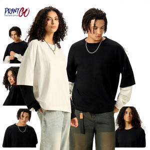 280 Gramm 100% Baumwolle Gestricktes Sportliches T-Shirt Doppellagiges Kontrastfarben-Design Laternenärmel Kurz Weit Kastenförmig Amerikanischer <span class=keywords><strong>Patchwork</strong></span>-Stil - Product Image 2