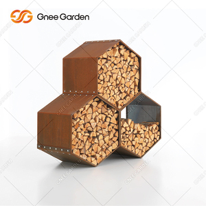 Large Modern Corten Steel Indoor & Outdoor Firewood Rack with Fireplace Tool & <b>Log</b> <b>Holder</b> for Storage - Product Image 2