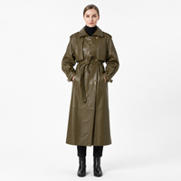 Trench-coat long en peau de mouton vert olive pour femme, avec ceinture, revers, rabat coupe-vent, manches lanternes, ceinture à nouer, coupe-vent toutes saisons, personnalisé
