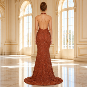 Abito da sera a sirena con paillettes, senza maniche, scollo all'americana, con strascico, lunghezza al pavimento, personalizzabile, all'ingrosso - Product Image 2