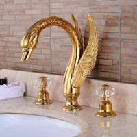 Robinet de salle de bain à trois trous en cristal cygne doré, robinet d'eau froide et chaude B1568