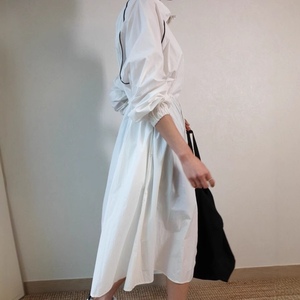 Para Sehe moda mujer cuello alto suelto cintura alta vestido hasta la rodilla Split gabardina estilo liso teñido cintura Natural - Product Image 5