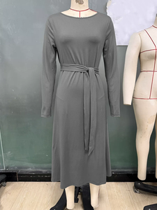 Vestido de Punto Elegante Informal con Cinturón, Cuello Redondo, Manga Larga, Corte en A, Midi, para Mujer - Product Image 2
