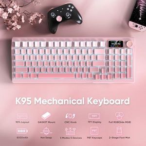 คีย์บอร์ดไร้สายแบบกลไก OEM ODM <span class=keywords><strong>K95</strong></span> หน้าจอ TFT ปุ่มหมุน สามโหมด ปรับแต่งได้ ติดตั้งแบบ Gasket Mount รองรับ HotSwap สวิตช์ Linear สีชมพู พร้อมหล่อลื่น R - Product Image 2