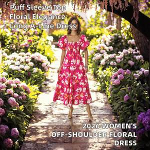 Women's Off Shoulder Puff <b>Sleeve</b> Floral Print Maxi <b>Dress</b> <b>Summer</b> Casual A Line Woven <b>Dress</b> for Parties - Product Image 2
