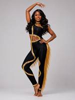 Costume de danse personnalisé pour femmes, combinaison à franges en sequins noirs et dorés, tenue de spectacle sur scène