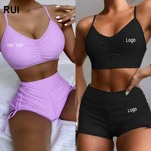 RUIQUWIN 2025 été femmes Bikini ensemble couleur unie taille haute push-up Sexy deux pièces maillots de bain Spandex/Nylon séchage rapide vêtements de plage - Product Image 1