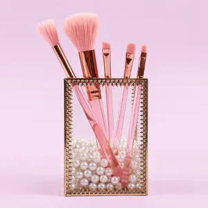 Customized sweet rose gold pink portable face makeup brushes density soft bristles make up brushes mini set 5 with sequins case