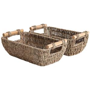 Small Wicker Baskets Handwoven Baskets for Storage Seagrass Rattan Baskets with Wooden Handles