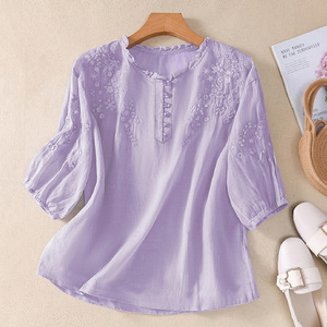 Blusa holgada bordada con lavanda, manga tres cuartos, cuello redondo, top floral elegante para mujer, camisa de primavera y verano - Product Image 5