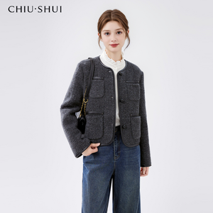 CHIU SHUI <span class=keywords><strong>Cappotto</strong></span> Invernale da Donna Stile Francese con Collo Rotondo e Finiture in Pelle Bouclé - Product Image 3