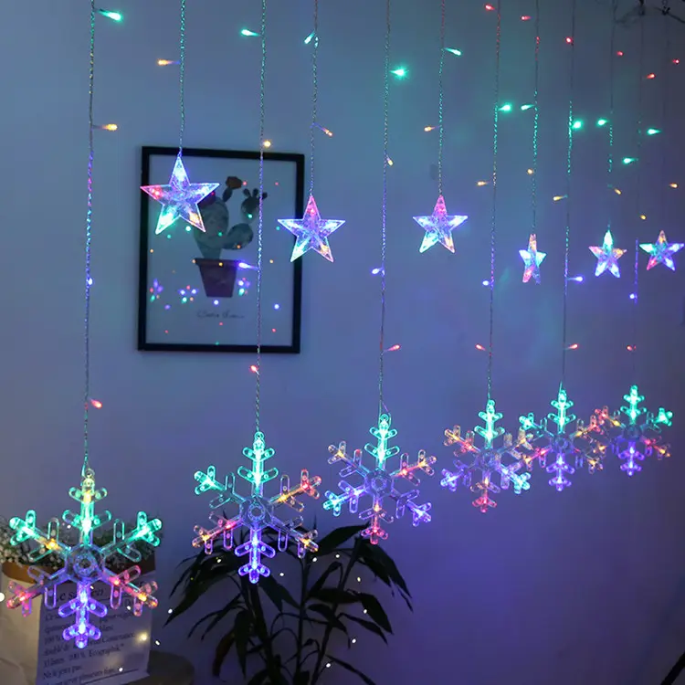 Cortina de luces de hadas Cadena de luces Copos de nieve impermeables Estrellas Ventana Luz Decoración interior al aire libre para dormitorio de fiesta de Navidad