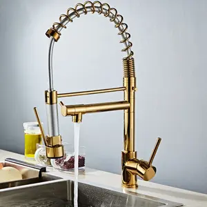 铜当代弹簧下拉喷雾厨房水槽水龙头金色厨房水龙头带下拉喷雾器陶瓷现代