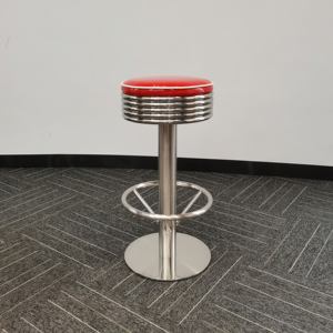 كرسي بار دائري أحمر من الجلد والمعدن على الطراز الأمريكي، أثاث تجاري عتيق - Product Image 4